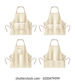 Vector illustration of beige aprons with rectangle and square pockets. Template of protective uniforms, isolated on white background