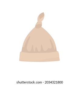 Vector illustration of a beige baby hat with a knot, isolated on a white background. Hand drawing of a cute hats for a newborn baby.