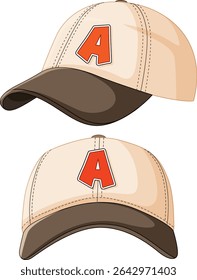 Vector illustration of a beige baseball cap with a bold red letter A. Clean lines and simple shading enhance the design