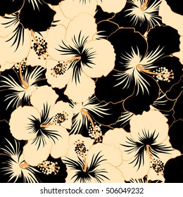 Vector illustration of beige and black hibiscus flowers. Seamless pattern with beige and black flowers.