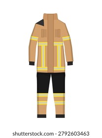 Vector illustration of a beige and black protective firefighter uniform suit. Flat isolated cartoon object for safety and firefighting concepts.