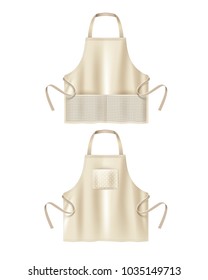 Vector illustration of beige blank kitchen cotton aprons with rectangle and square pockets isolated on white background. Mockup protective uniform for cooking, baker and housewife