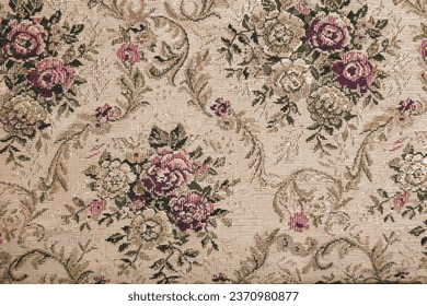 Vector illustration of beige fabric with floral pattern. Furniture jacquard fabric with flowers in geometric style.
