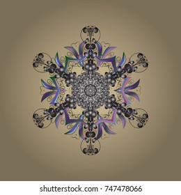 Vector illustration. Beige, gray and blue silhouette snow flake sign. Graphic element decoration. Flat design. Snowflake mosaic icon. Symbol winter, frozen, Christmas, New Year holiday.