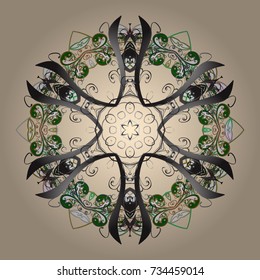 Vector illustration. Beige, gray and green snowflakes on a beige, gray and green colors. Snowflake vector pattern. Isolated cute snowflakes on colorful background.