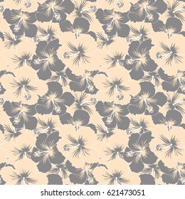 Vector illustration of beige and gray hibiscus flowers. Seamless pattern with beige and gray flowers. Vector illustration.