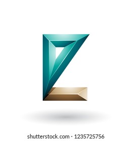 Ilustración vectorial de la letra E relieve geométrica beige y verde 3d aislada en un fondo blanco