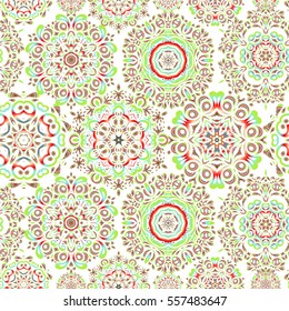 Vector illustration. Beige, green and blue Christmas frame with abstract snowflakes and dots on white background.