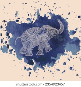 Vector illustration of beige hand drawn elephant silhouette with ethnic tribal ornaments on a blue watercolor blot background 