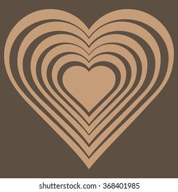 Vector illustration of beige heart. Love symbol. Geometric brown background. Optical illusion. Abstract backdrop. Valentine's Day card. Graphic poster. Use for invitation, wallpaper, web page element.