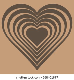 Vector illustration of beige heart. Love symbol. Geometric brown background. Optical illusion. Abstract backdrop. Valentine's Day card. Graphic poster. Use for invitation, wallpaper, web page element.