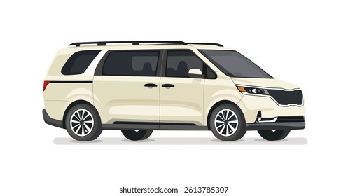 Vector illustration of a beige minivan viewed from the side, featuring a sleek design, tinted windows, and alloy wheels, symbolizing family travel and modern transportation.
