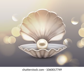 Vector illustration of beige shiny pearl in shell on glitter sparkle background