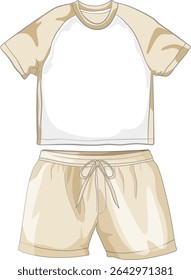 Vector illustration of a beige sportswear set with a t-shirt and shorts. Minimalist style with soft shading