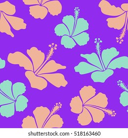 Vector illustration. Beige, violet and blue hibiscus flowers seamless pattern.