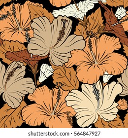 Vector illustration in beige, yellow and orange colors on a black background. Seamless tropical flower, hibiscus pattern.
