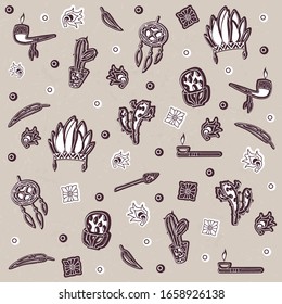 Vector illustration in beige-brown colors with Mayan symbols. Template and pattern. For postcards, for flyers for printing on fabric.