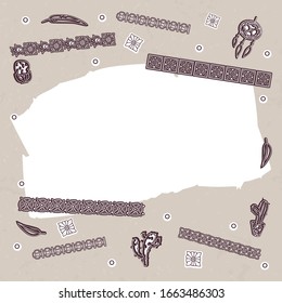 Dibujo vectorial en colores beige-marrón con símbolos mayas. Plantilla y patrón. Para postales, para volantes para imprimir en tela.