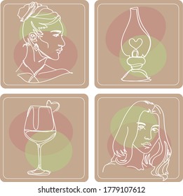Ilustración vectorial en un cuadrado beige-ocre con color.Línea blanca continua, dibujo de un conjunto de caras y objetos, concepto de moda, para camisetas, diseño de slogan estilo de impresión gráfica