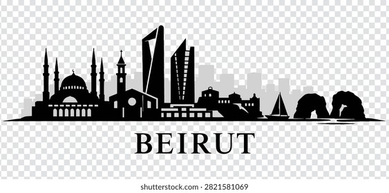Vector illustration of Beirut city skyline silhouette. Iconic landmarks and architecture of the capital of Lebanon isolated on a transparent background.