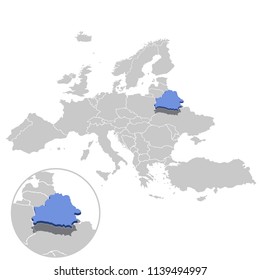 Vector illustration of Belarus in blue on the grey model of Europe map with zooming replica of country.