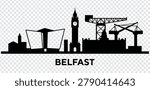 Vector illustration of Belfast city skyline silhouette. Famous landmarks of Belfast, Northern Ireland, isolated on a transparent background.