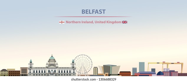 Vector illustration of Belfast city skyline on colorful gradient beautiful day sky background with flags of Northern ireland and United Kingdom