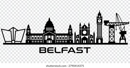 Vector illustration of Belfast city skyline silhouette, featuring iconic landmarks and architecture, isolated on a transparent background.