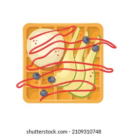 Vector illustration of a Belgian waffle with a ball of ice cream, pears, blueberries and strawberry sauce.