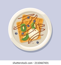 Vector illustration of a Belgian waffle with a ball of ice cream, kiwi, blueberries and chocolate sauce.