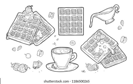 Vector illustration of belgian waffles set. Top wiev, perspective. Fruits and berries, strawberry, raspberry, blueberry, nut, walnut, ice cream ball, chocolate sauce, caramel, gravy boat, espresso cup