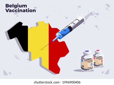 Vector illustration of Belgium vaccination template medical syringe on the map of Belgium with glass vials of COVID-19 vaccine, inject in Belgium, flag of Belgium