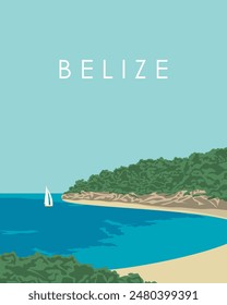 Vector illustration. Belize beach. Poster design, wall poster, banner, card, cover. Modern design. Flat style. Tourism, travel.