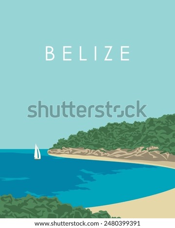 Vector illustration. Belize beach. Poster design, wall poster, banner, card, cover. Modern design. Flat style. Tourism, travel.