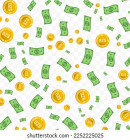 Vector illustration of Belize Dollar currency. Random pattern of banknotes and coins in green and gold colors on transparent background (PNG). 