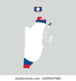 Vector illustration of Belize map overlaid with the national flag, highlighting the country's geographic outline combined with its national colors.