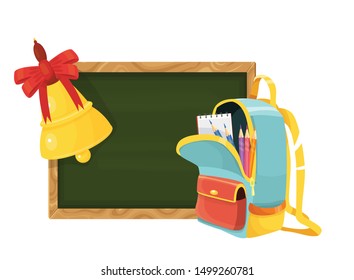 vector illustration with a bell with a bow and a school bag
