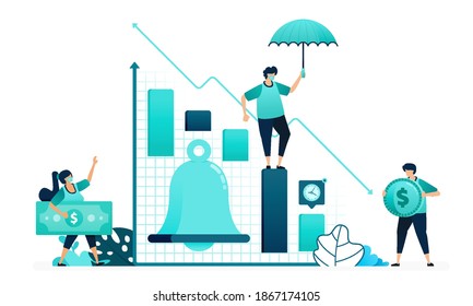 vector illustration of bell in chart financial analysis. notifications reminders up and down in market stock. women and men workers. designed for website, web, landing page, apps, ui ux, poster, flyer
