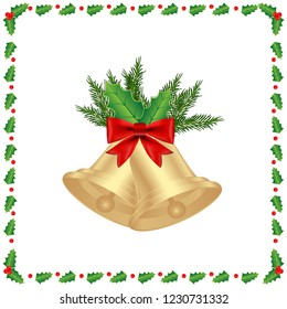 Vector illustration of bell decoration element with leaves and red ribbon for holidays. Can be used for backgrounds, prints, christmas party, t-shirt, logo and new year designs. 