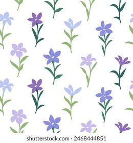 Vector illustration of bell flower in simple hand drawn and linocut style. Simple contour vector pattern with blue floweret for cosmetics, postcard and pattern.