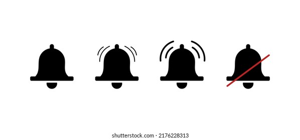 Ilustración vectorial. Icono de la Campana aislado en fondo blanco. Iconos con cuatro campanas. Campana y notificación para bloqueo y smartphone, alerta de alarma. 