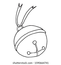 Vector illustration of bell with knoted ribbon single element. Black outlines isolated on white background. Doodle style. Christmas motifs. Decoration for greeting cards, gifts, wrapping paper etc.