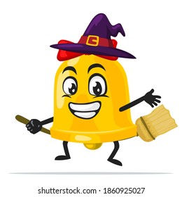 vector illustration of bell mascot or character wearing witch costume and ride flying broom