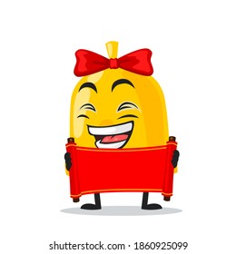 vector illustration of bell mascot or character holding blank red scroll