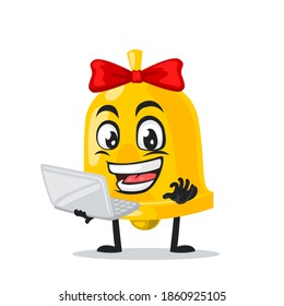 vector illustration of bell mascot or character presentation with laptop