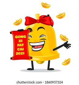 vector illustration of bell mascot or character holding red scroll and says happy chinese new year 2021