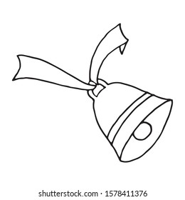 Vector illustration of bell on a ribbon single element. Black outlines isolated on white background. Doodle style. Christmas motifs. Decoration for greeting cards, gifts, wrapping paper etc.