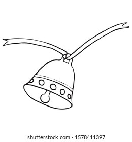 Vector illustration of bell on a ribbon single element. Black outlines isolated on white background. Doodle style. Christmas motifs. Decoration for greeting cards, gifts, wrapping paper etc.