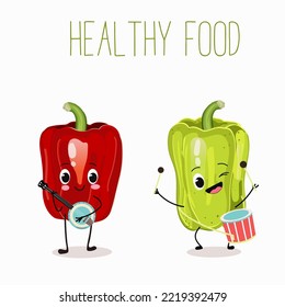 Vector illustration of bell pepper cartoon character playing banjo and drum, healthy food, ingredient, kids design.