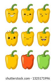 vector illustration of an Bell pepper Cute cartoon vegetable vector character set isolated on white. Emotions. Stickers. Kawaii